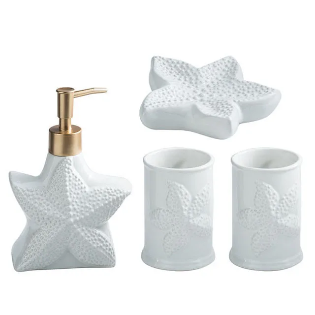 Bathroom Set 4 Pieces for Home Hotel Soap Dispenser Mouthwash Cup Soap Dish Ceramic Bath Ensemble Set