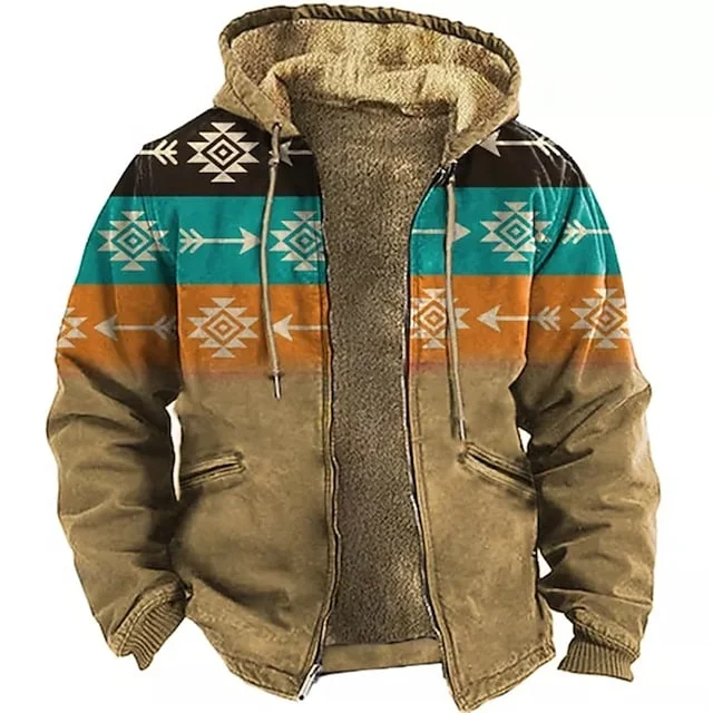 Custom Logo Winter Coat For Men Colorful Tribal Graphic Prints Breathable Fleece Jacket Daily Outdoor Windbreaker Hoodie Jacket