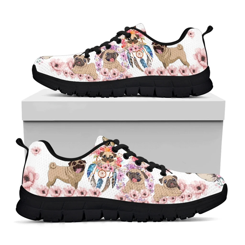 Factory Direct Sales Kawaii Pug Flower Print Running Sneakers Lace up Flat Shoes Summer Spring Comfort Walking Shoes Custom Logo