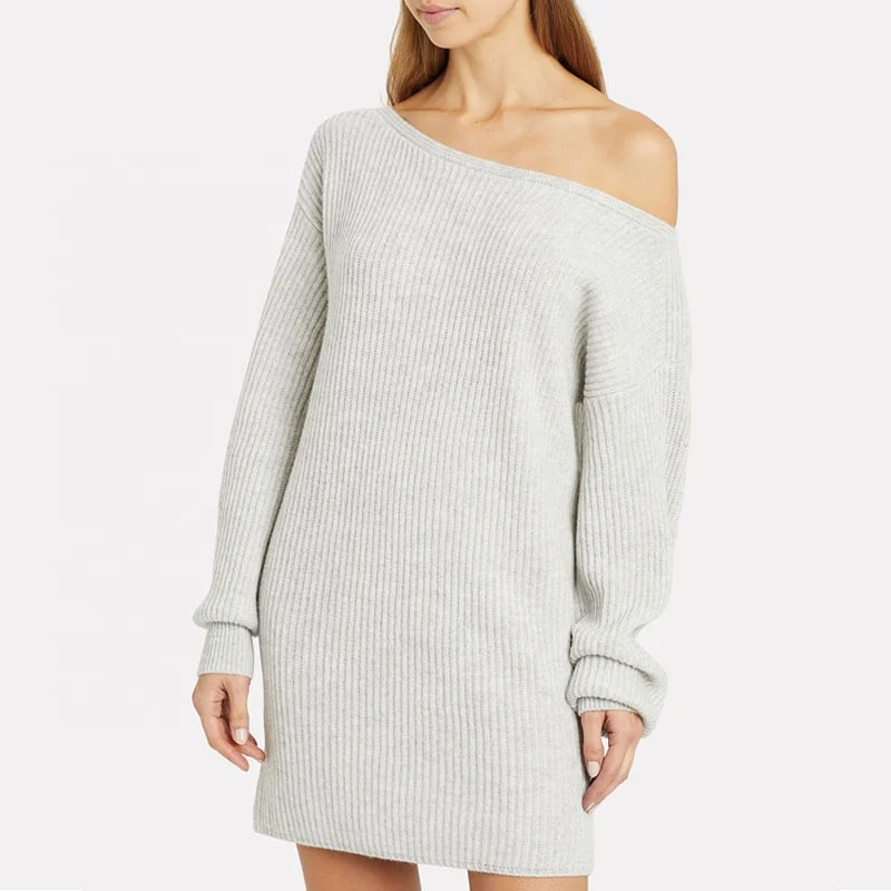 FYB Luxury Rib Knit Grey Sweater Dress Knitwear Knee Length Off One Shoulder Knitted Dresses For Ladies