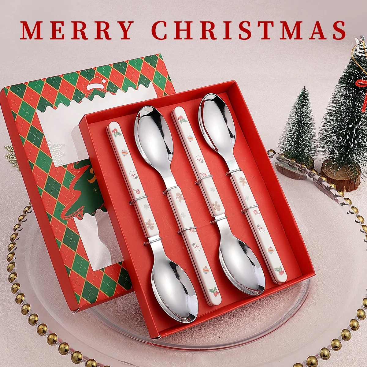 2023 New Christmas Knife Spoon Fork Set Stainless Steel ABS Plastic Handle Flatware Christmas Cutlery Set with Gift Box