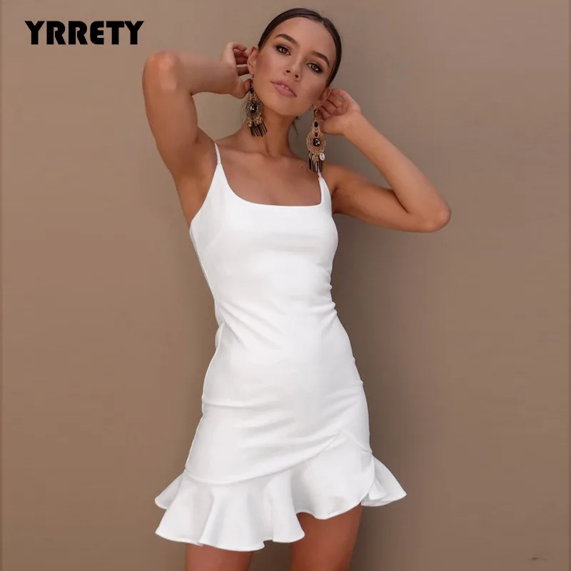 
YRRETY, новинка, асимметричное платье с лямкой на шее, сексуальное, с открытой спиной, женское, с принтом, платье с запахом, гофрированное, летнее, однотонное, Пляжное, рыбий хвост, юбка 