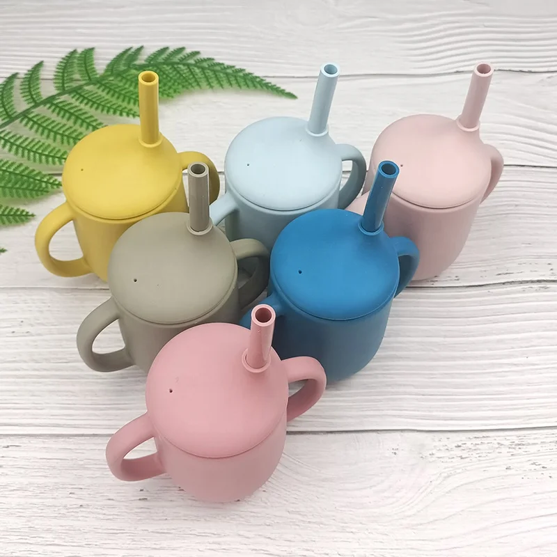 Безопасная для мытья в посудомоечной машине небьющаяся детская тренировочная силиконовая чашка питья с соломинкой и ручкой