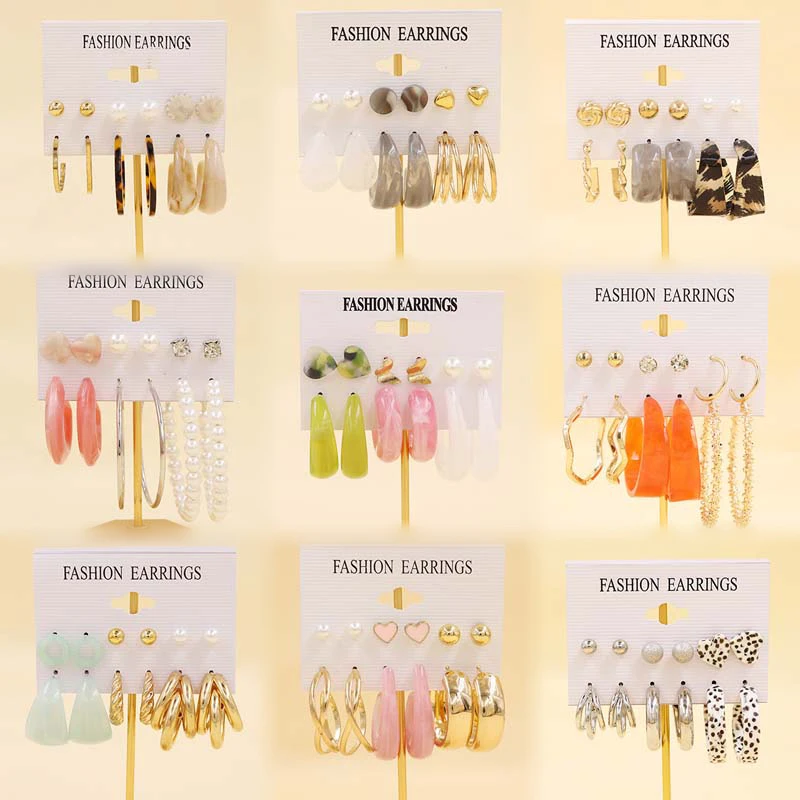 FINETOO Colorful Resin Earrings Set Green Pink Hoop Drop Earring For Women Circle C Shape Acrylic Earring Fashion Party Jewelry