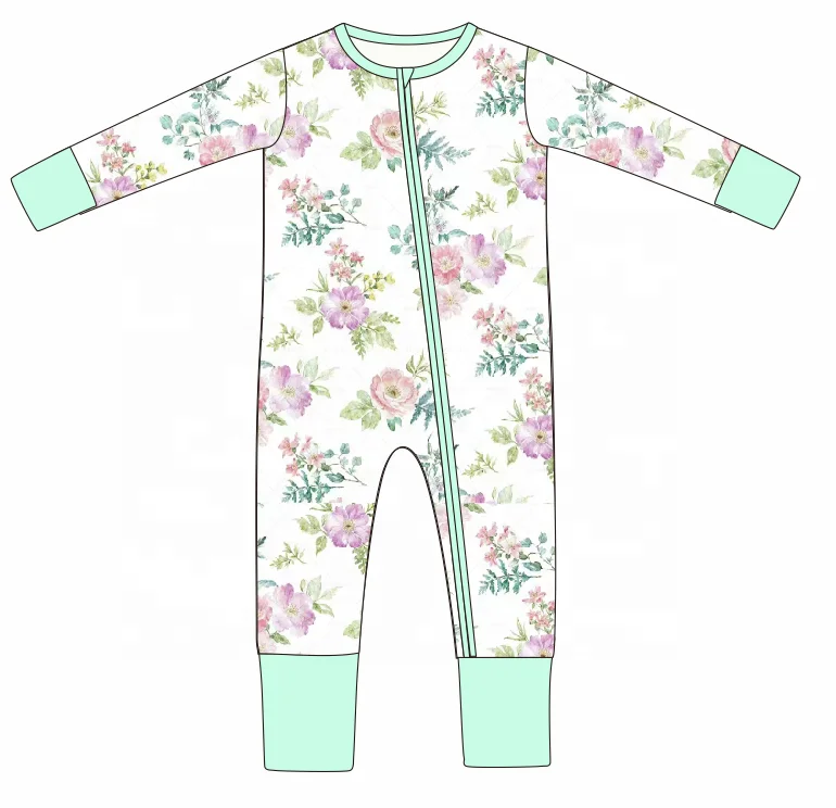 Custom Bamboo Baby Zipper Romper Boy Breathable Infant Long Sleeve Flowers Pattern BabyToddler Clothes for 0-24 Months NB Babies