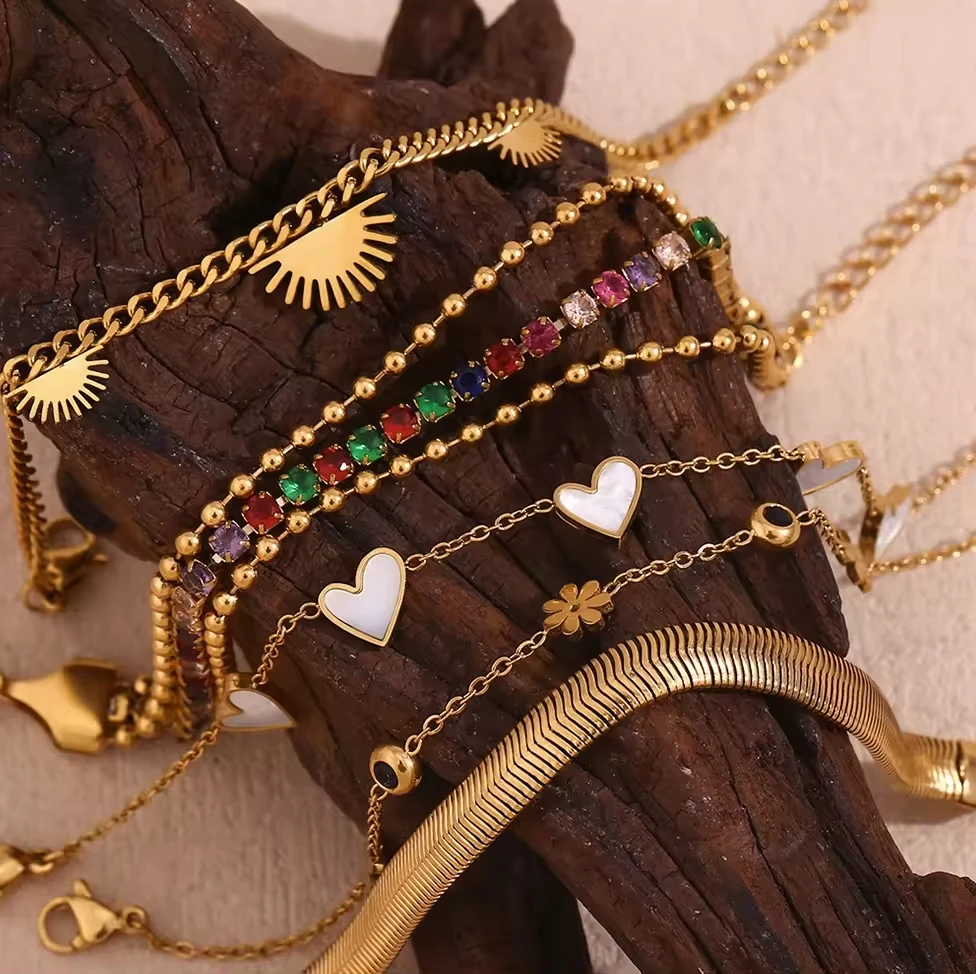 Korean Fashion Colorful Crystal Beaded Bracelet Retro 18K Gold Plated Stainless Steel Flower Heart Bracelets & Bangles For Women