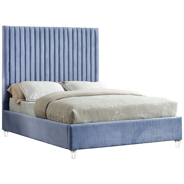 
Bedroom upholstered queen high headboard metal couple sex california king size slat platform crushed velvet bed 