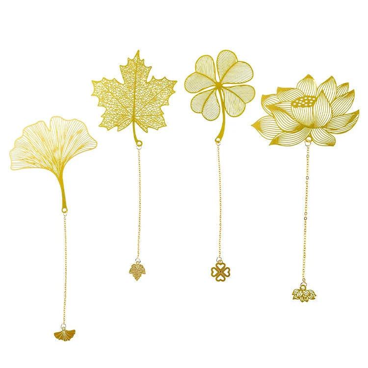 Promotional High Quality Metal Brass Or Zinc Alloy 24k Gold Plating Engraved Logo Hollowout Leaf Metal Bookmark