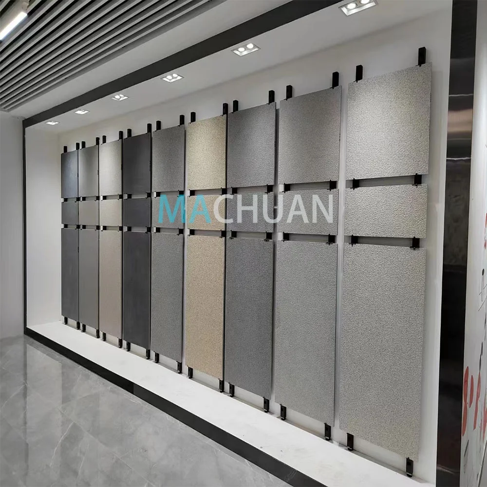 Latest rotating and sliding stone marble stainless display pedestal rack floor stone vertical display rack stand of ceramic tile