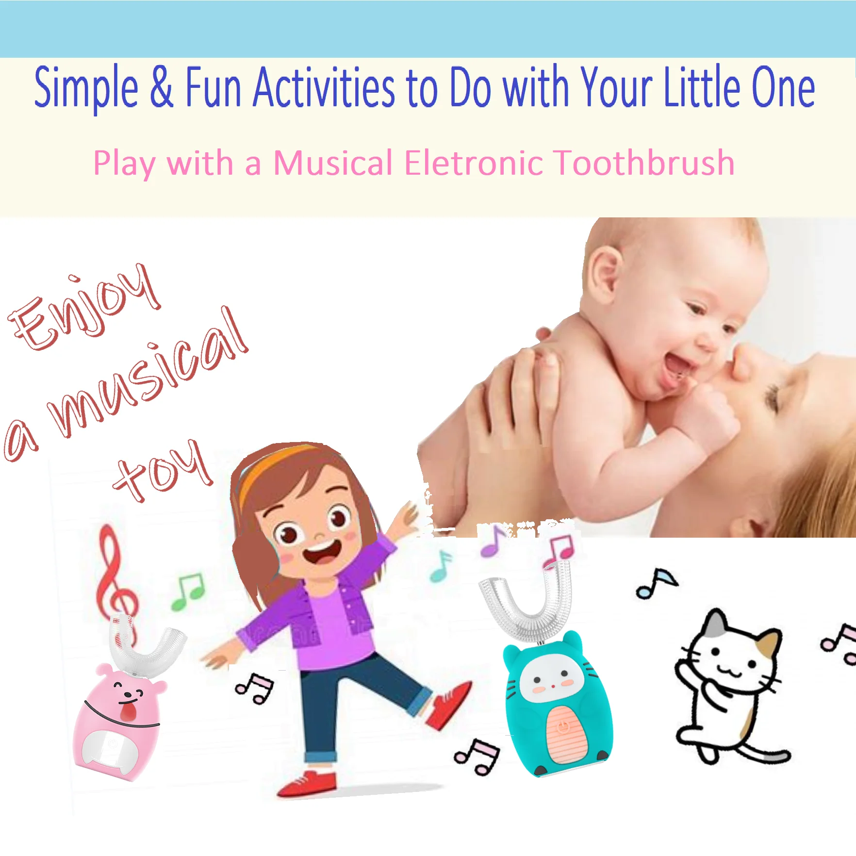 Pakiss FYA1001 Personalized Musical Electric Toothbrush with lip and base soft Silicone U brush Children Sonic Toothbrush