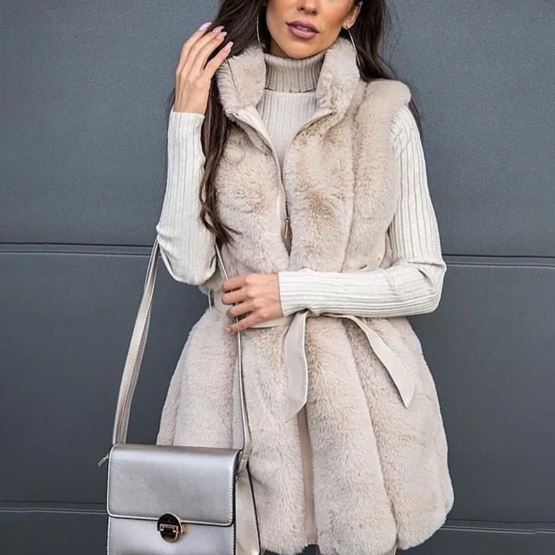 Faux Rabbit Fur Mid Length Fashion Artificial Fur Women Elegant Stand Collar Vests