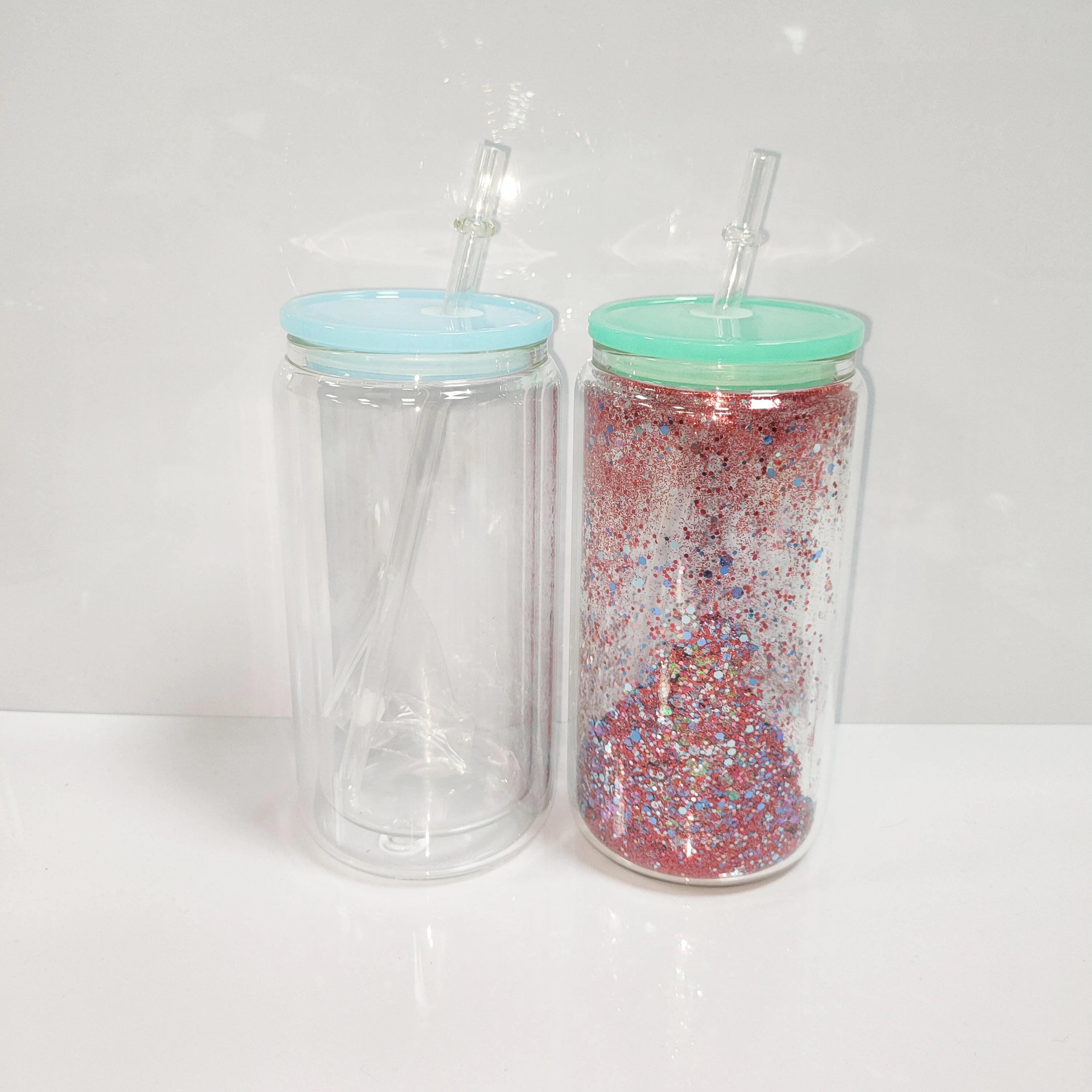 hot sales sublimation 16oz 20oz double wall Pre drilled snow globe libby Glass can cup tumbler with colorful plastic lids