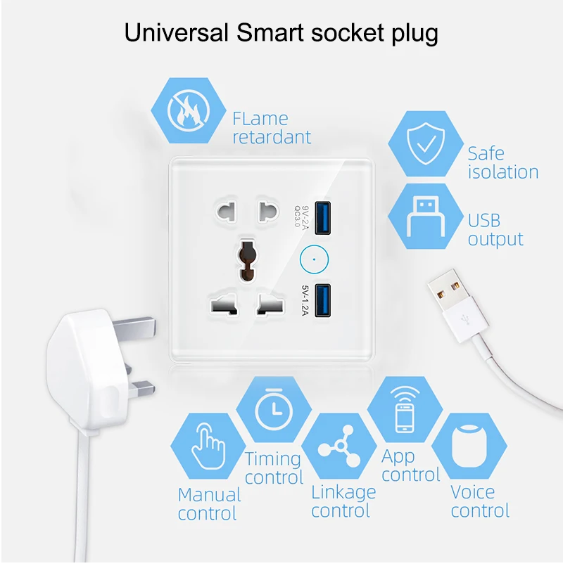 Wholesale USB 5-hole Glass Panel Universal UK EU Timer Remote Control voice control Wall Tuya BLE WiFi Smart Socket