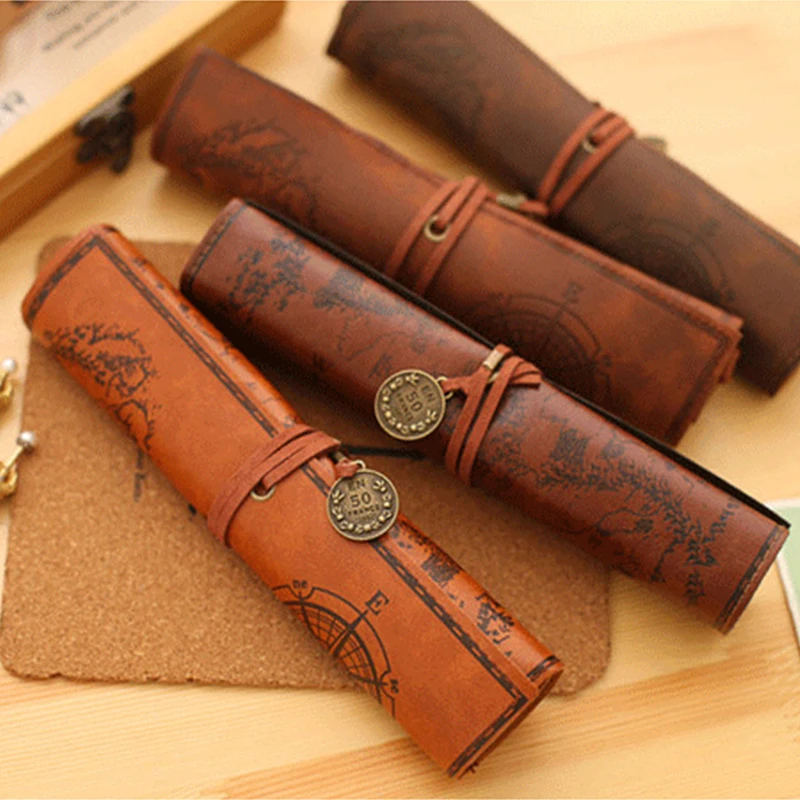 Wholesale leather Roll up Pencil Case Pouch for school Pencil box