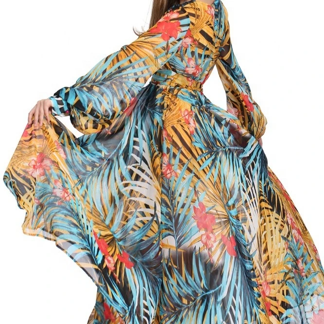 
Fashion Digital Print Long Sleevekaftan silk long Satin Embellished women dress 