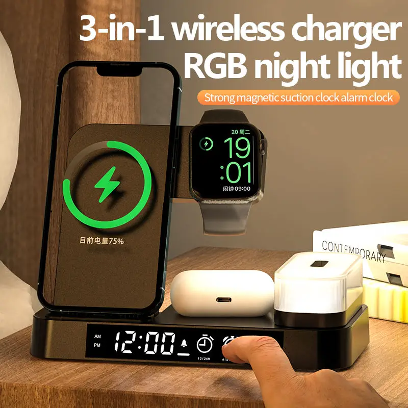 Wholesale New Products Qi Fast Night Light Digital Display Clock 3 In 1 Wireless Charger Foldable For Iphone