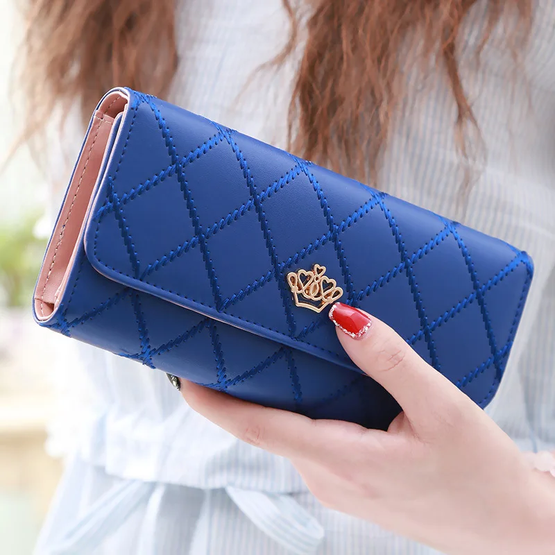 Fashion Tri-fold Button Closure Long Purse Women Multi Card Organizer Golden Crown Candy Colors Thread Lattice Clutch Wallet