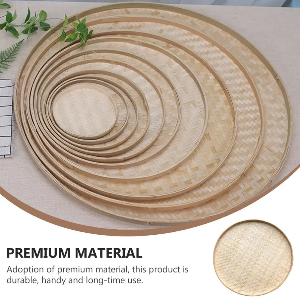 4pcs Woven Bamboo Tray Basket Round Flat Shallow Basket Wall Art Ornament for DIY Drying Food Fruit Basket Kitchen Wall Hanging