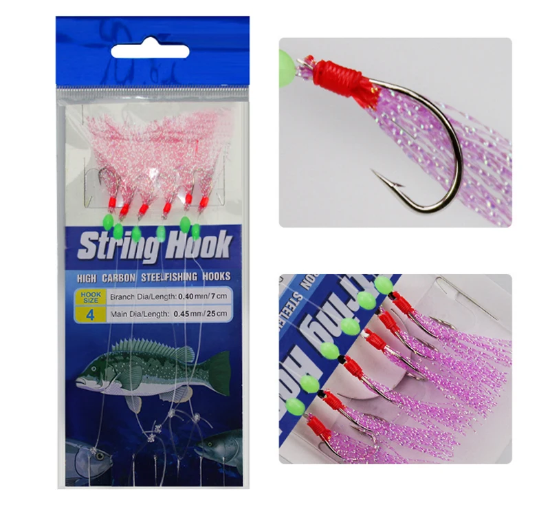 Jetshark 7-15# Sabiki Fishing Rigs Bait Freshwater Saltwater Colorful Feather Hooks 6 Hooks Pink Sabiki Rigs String Hook