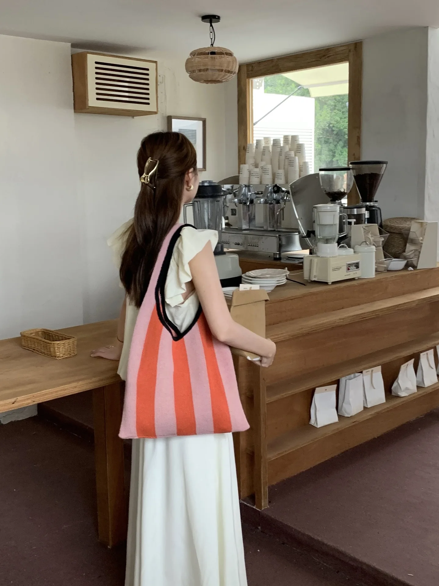 Simple Classic Stripe Pattern Knitted Woven Shoulder Bag Fashion Women Tote Lightweight Shopping Bag