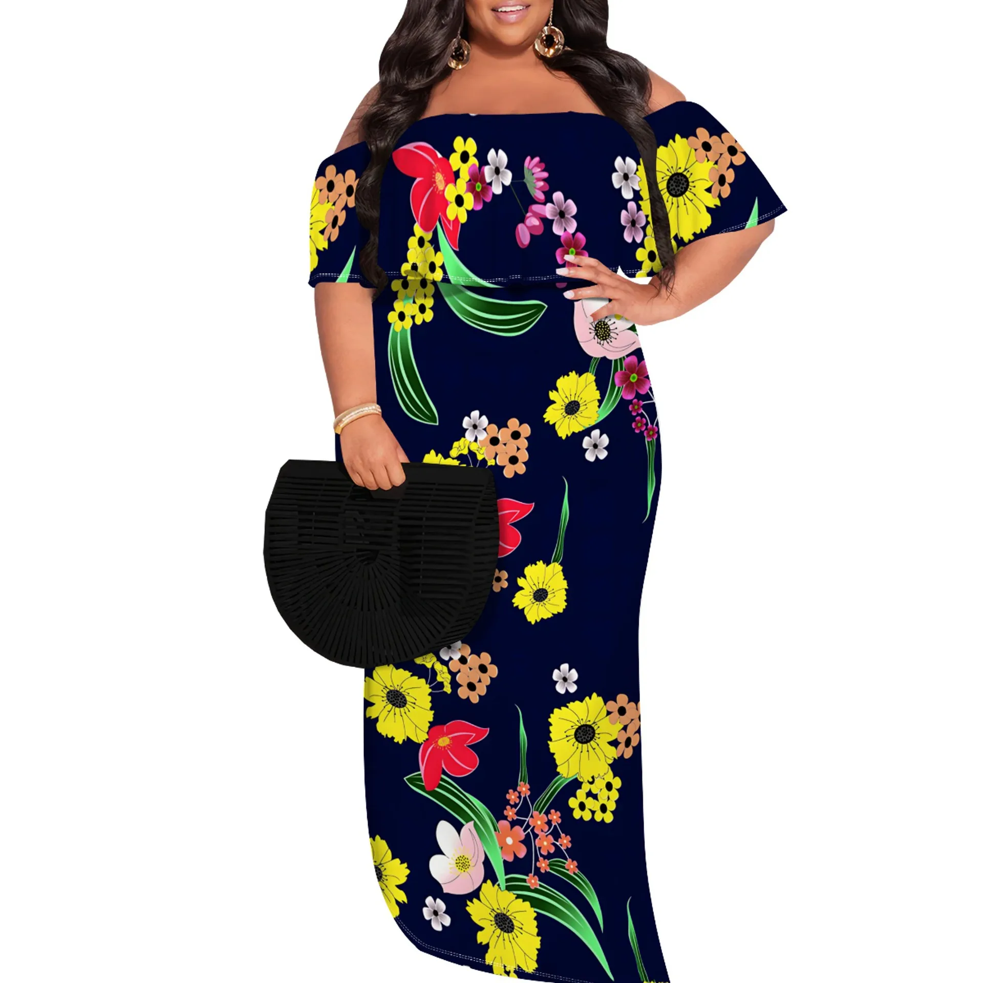 women fall clothes 2024 xxxxl plus size women sexy dress 2024 Off-shoulder graphic print maxi dress