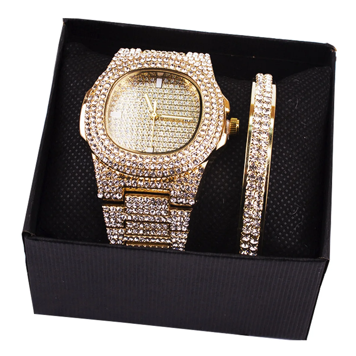 Luxury Bling Full Crystal Rhinestone Tennis Chain Bracelet Watch Set Iced Out Zirconia Diamond Sets