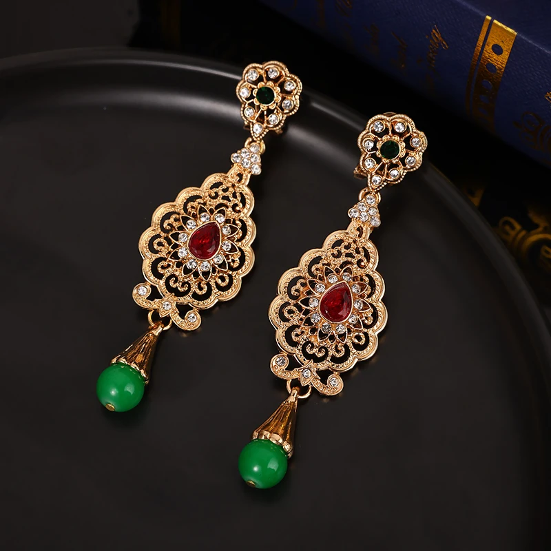 Morocco Jewelry Set Water Drop Crystal Big Pendant Necklace Earring Luxury Metal Wedding Jewelry Algerian Party Caftan Jewelry
