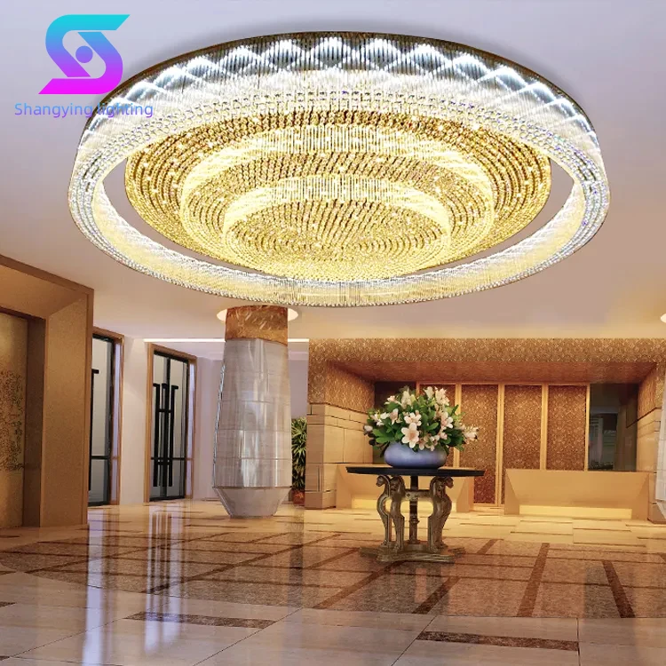High Product Staircase Hotel Office Large Sized Luxury Crystal Glass Ring Hanging Ceiling Chandelier Lamp