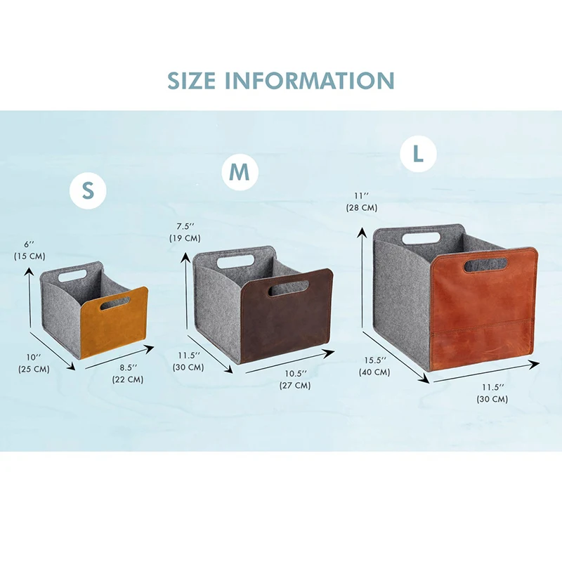 Felt Storage Basket with Leather Sides Felt Storage Bin with Handles Organizer