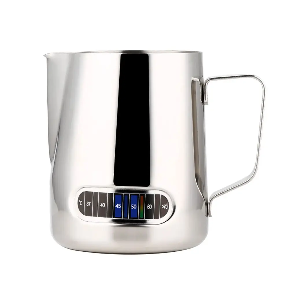 W 600ml Stainless Steel Frothing Pitcher Milk Frothing Jug with Integrated Thermometer for Coffee, Cappuccino,Latte Art