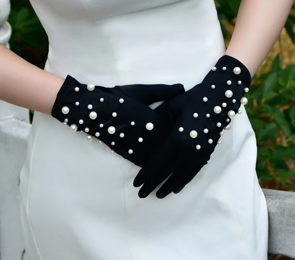 Black satin gloves girl pearl gloves bride wedding accessories