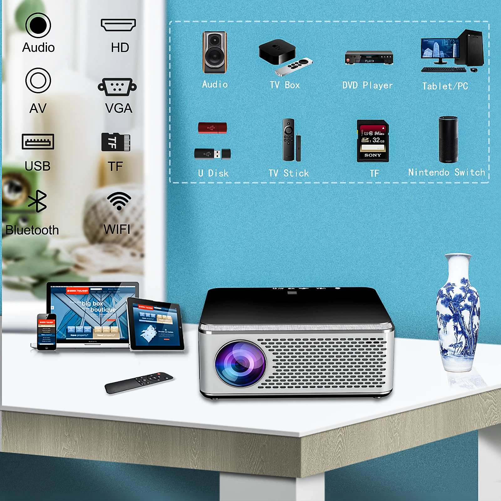 Mini Portable Projector Video Projector Screen Mirroring HD LED Video Projector Home Theater
