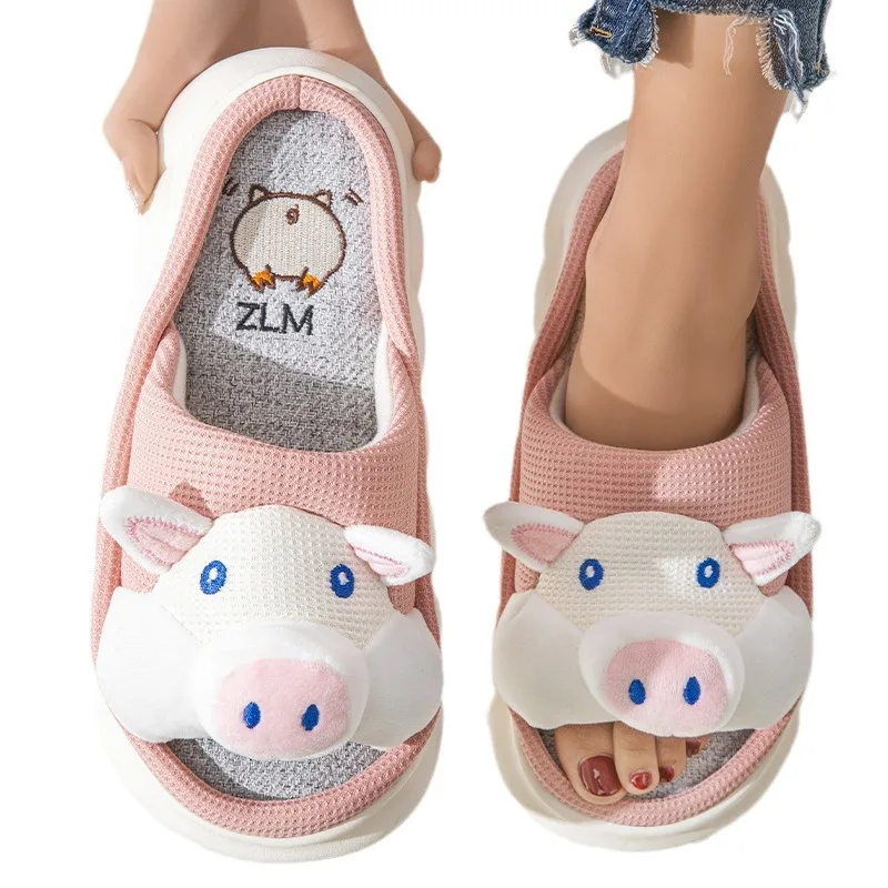 Wholesale custom cartoon pig linen slippers for women four seasons breathable platform slippers