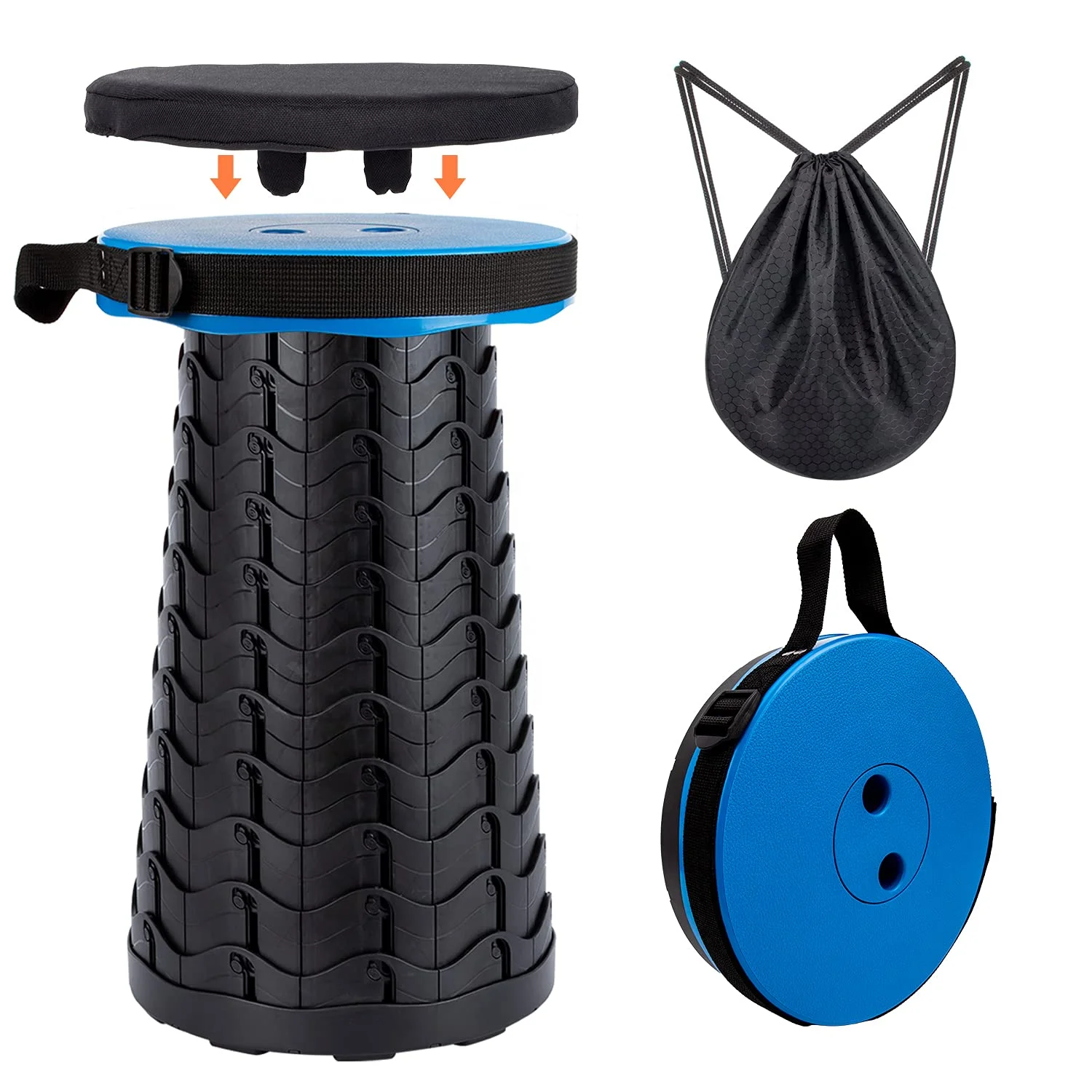 MO002- 2nd  Portable Telescoping Stool with Cushion Folding Camping Stool Load Capacity 450lbs, A Nylon Bag for Easy Carrying