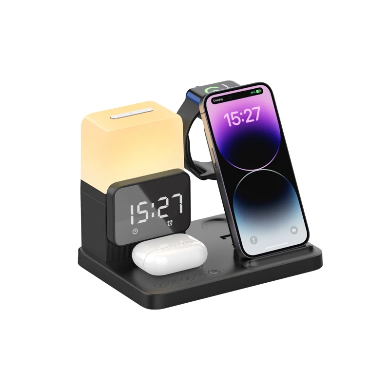 Custom Logo 15W Fast Charging Qi2 6 In 1 Wireless Charger Table Lamp With Alarm Clock For Iphone 15 Pro Max