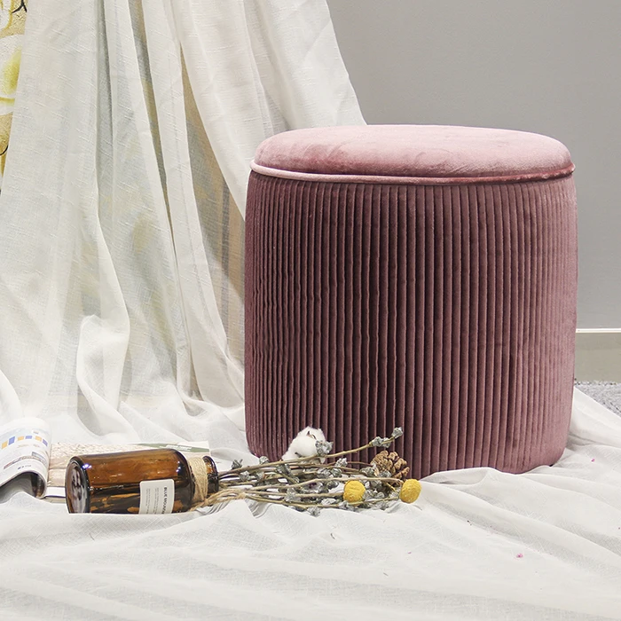 HStex customize french luxury round pleated velvet pink Ottoman sofa 2020 hot sale chair with storage seat footstool