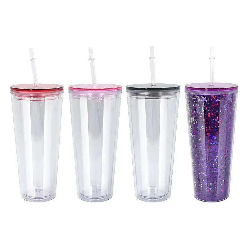 USA China Warehouse 24oz Clear Double Wall Reusable Plastic Snow Globe Acrylic Tumbler Cup With Pre-drilled Hole