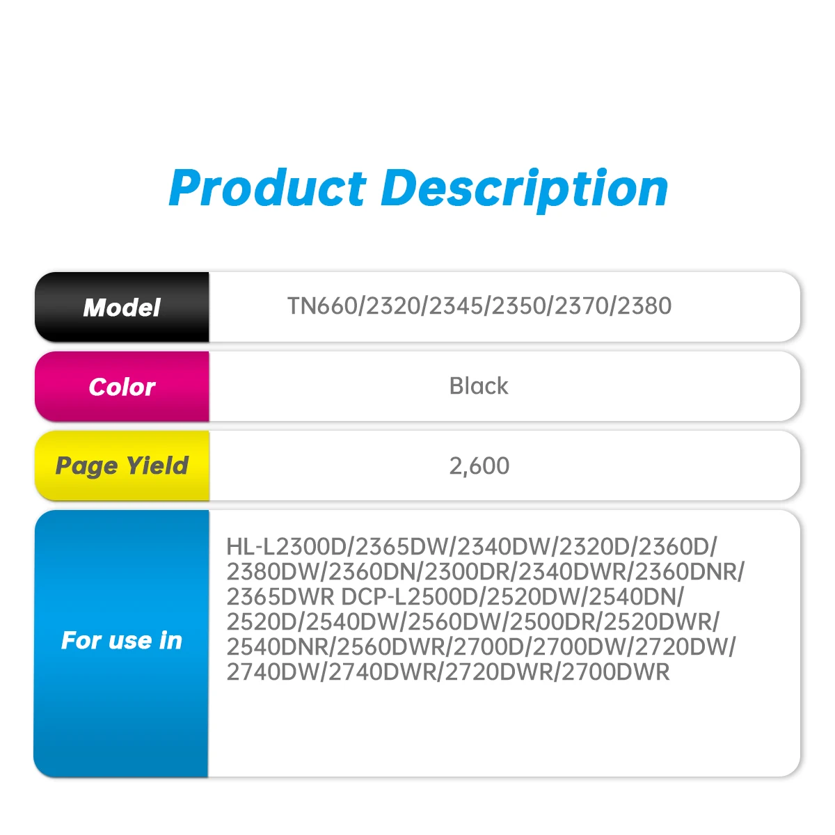 Compatible Brother Black Toner Cartridge TN28J TN630/2310/2315/2330/2340/2360 TN660/2320/2345/2350/2370/2380 for Brother Printer