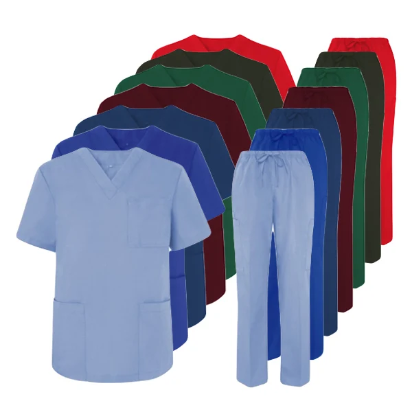 Unisex polyester cotton fabric three pocket scrub top and multi-pocket hospital scrub uniform pants  with logo