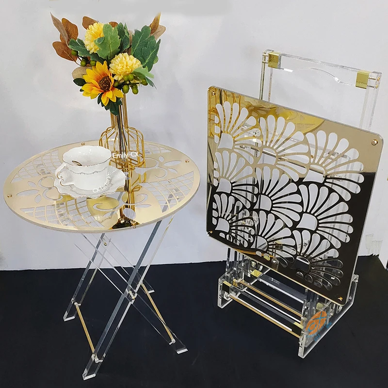 Saudi Arabia Tea Table Set Wholesale Golden Clear Acrylic Folding Tray Table Set of  4 pcs