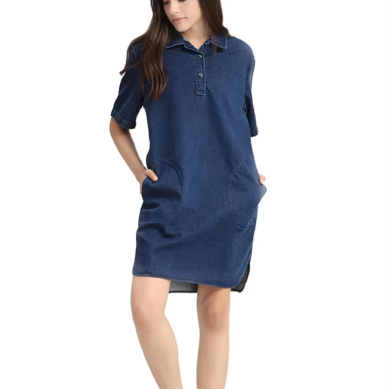Custom jean dresses denim women fashion lapel collar solid short sleeve casual shirt dress