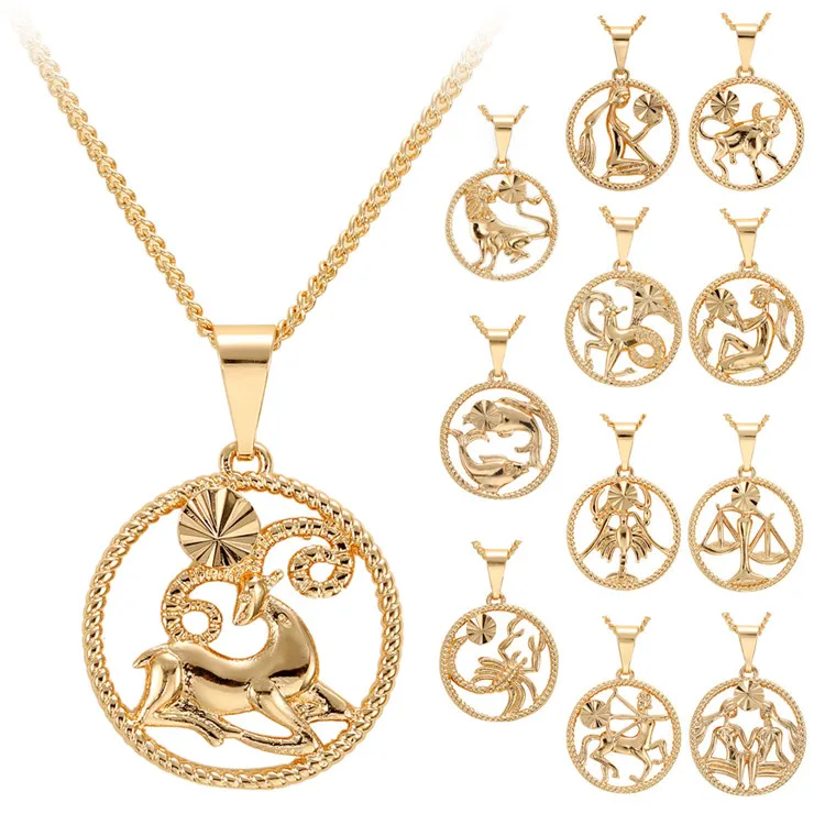 Personalized Jewelry Custom Gold Plated 12 Constellations Coin Pendant Zodiac Signs Horoscope Necklace