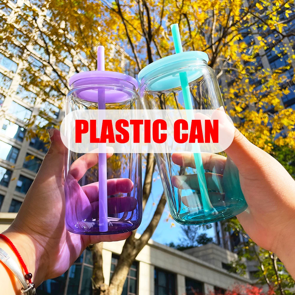 USA Warehouse Kids Gradient Colored Acrylic Beer Cups Can Ombre Jelly 16oz Plastic Can Water Bottle With Colorful Pp Lids