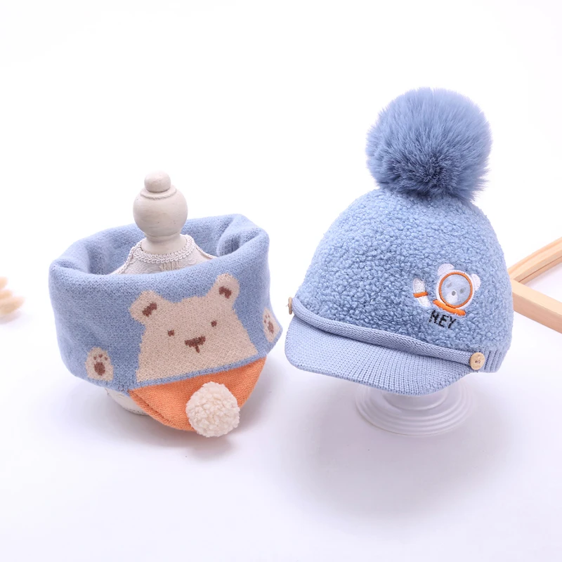 2021 New Design Cute Cartoon Kids Warm Plush Pompom Warm Baseball Cap Set