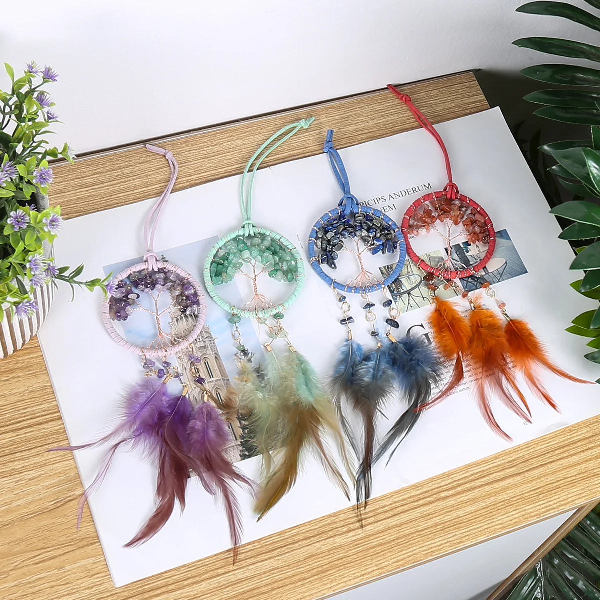 Wholesale Dream Catcher Car Hanging Accessories Natural Crystal Chips Feather Dream Catchers