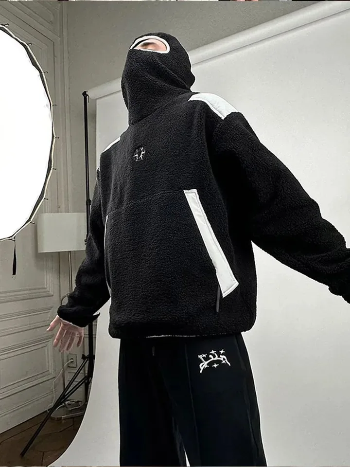 Thick Custom Manufacturer y2k Pullover polyester Lamb Fleece Warm Ninja Mask Splicing Loose men hoodies high quality