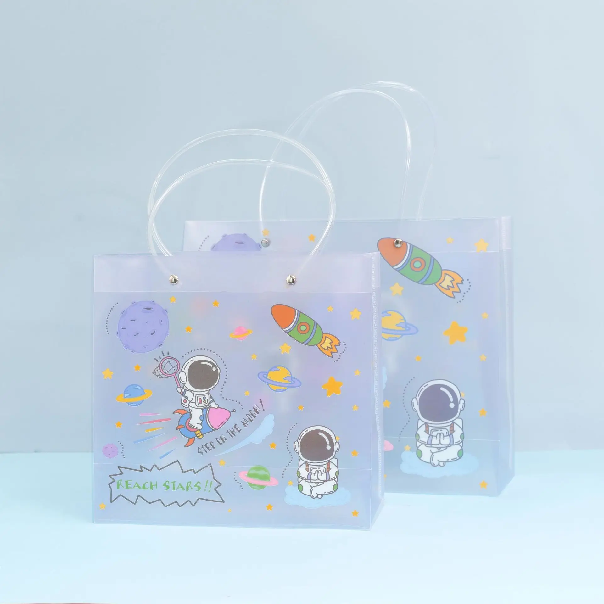 Custom Outer Space Gift Bags Clear Reusable Plastic Christmas Gift Wrap Tote Bags with Handle for Kids Boys Girls