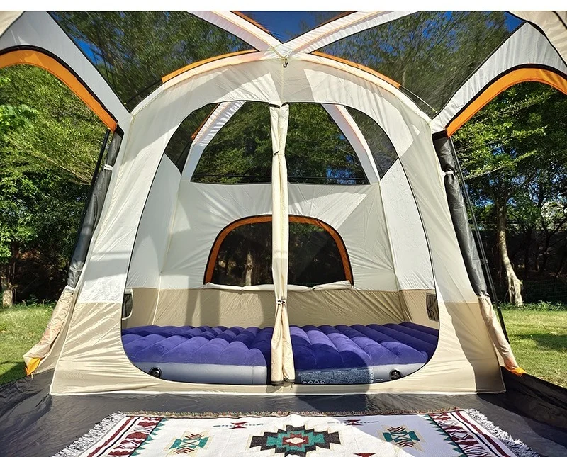 Outdoor double-decker camping waterproof portable tent 2 rooms 1 living room large space 8-12 people family tent