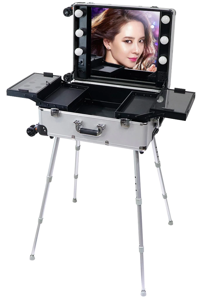 Rolling Studio Makeup Show Train Case Cosmetic w/Light Leg Mirror Wheeled Pro
