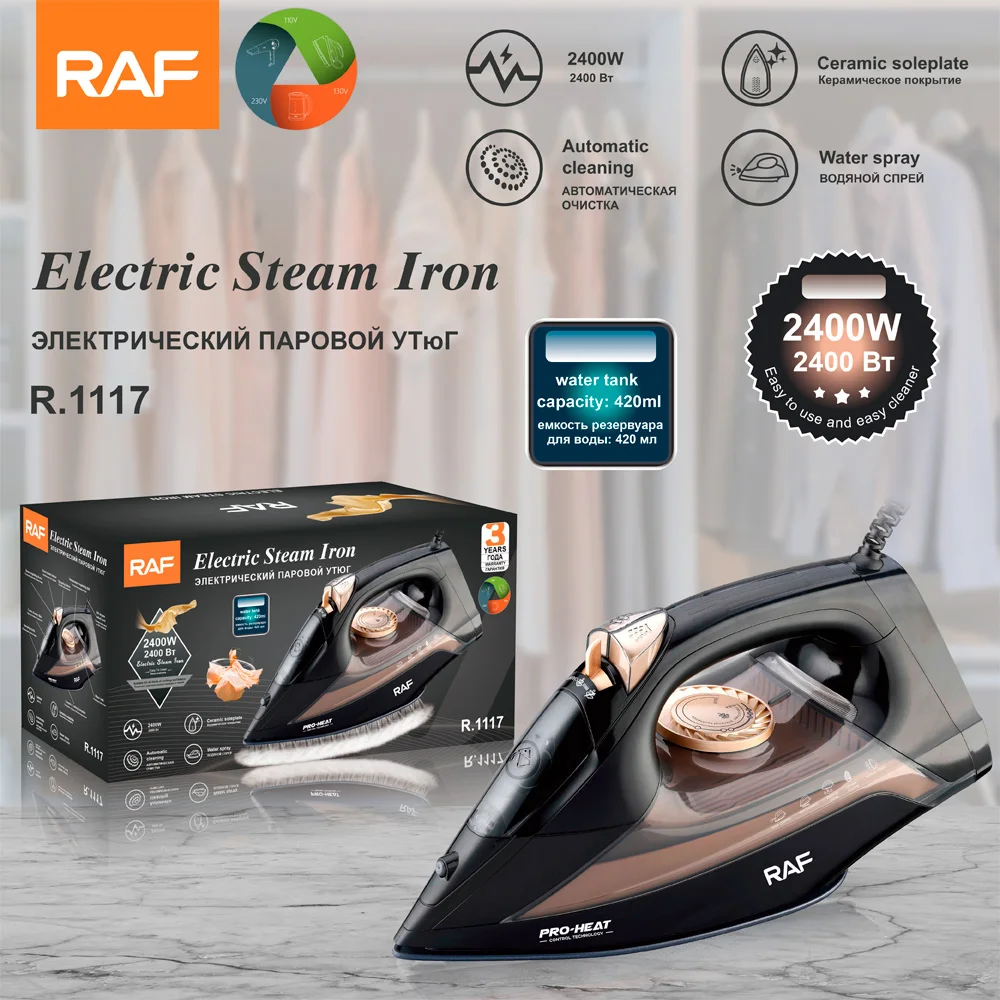 RAF 2400W Popular Portable Adjustable Thermostat Non Stick Ceramic Soleplate Self-cleaning Electric Press Ironing  Steam Iron